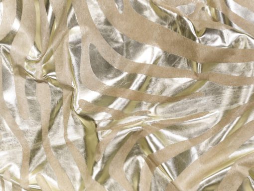 Devore Metallic Rustic Gold Zebra on Beige Cowhide Rug Closeup