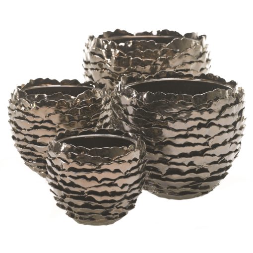 Artsi Set Two Glazed Ceramic Handcrafted Bronze Copper Gold Ruffled Ruffles Ruffle Planter Pot