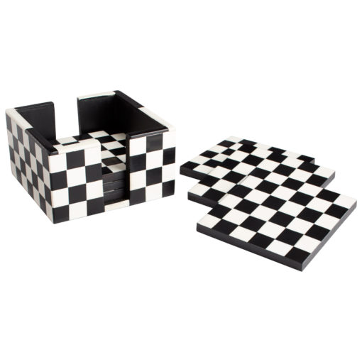 Checkmate Checkered Checkerboard Checkers Black Bone White Horn Wood Square Inlaid Coaster Coasters Set