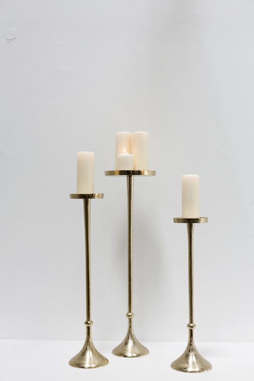 Divine Gold Aluminum Set Three Ultra Extra Tall Slim Slender Candlesticks Candleholder
