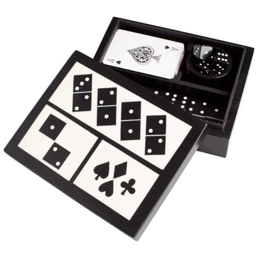 Game Gaming Gift Set Dice Cards Dominoes Black White Resin Box Display