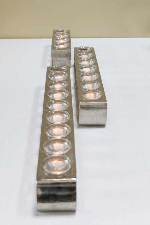 Modern Long Narrow Silver Aluminum Candle Holder Tray Votive Glass Bubble Cups Set