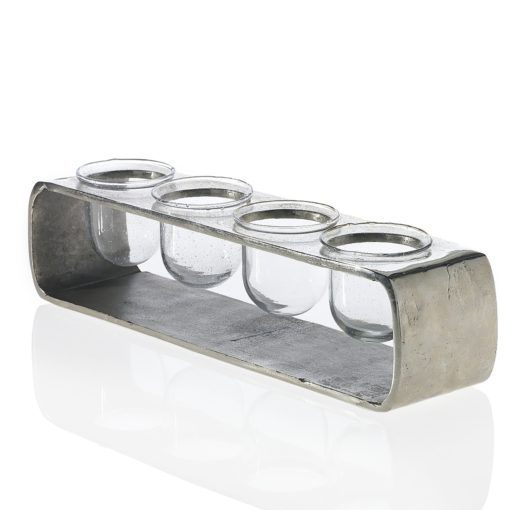 Modern Long Narrow Silver Aluminum Candle Holder Tray Votive Glass Bubble Cups Set