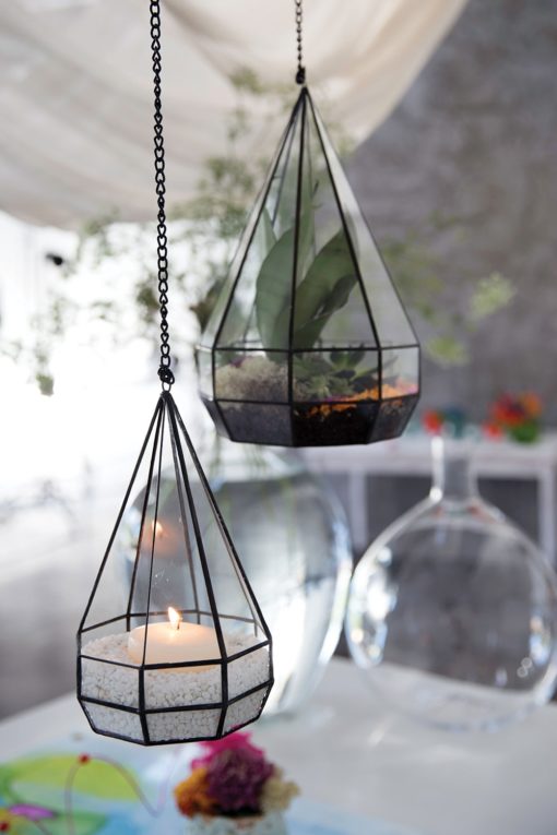 Mid Century Style Glass Iron Metal Panes Faceted Terrarium Lantern Hanging Candle Holder Hurricane