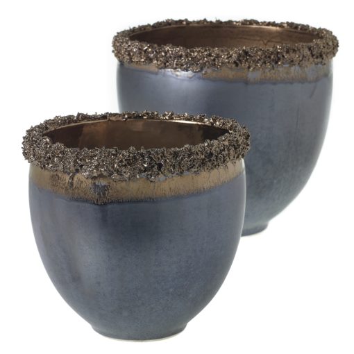 Sophie Pot Planter Set Two Glazed Ceramic Handcrafted Metallic Grey Gray Bronze Textured