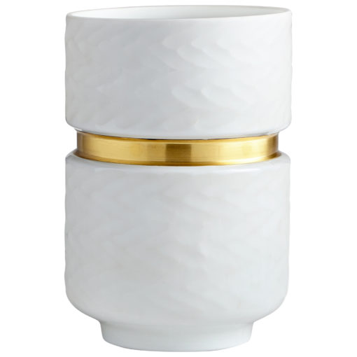 White Textured Hammed Opaque Gold Band Vase Round