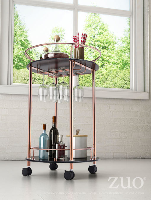 Rose Gold Black Tempered Glass Round Wheels Rolling Bar Serving Cart