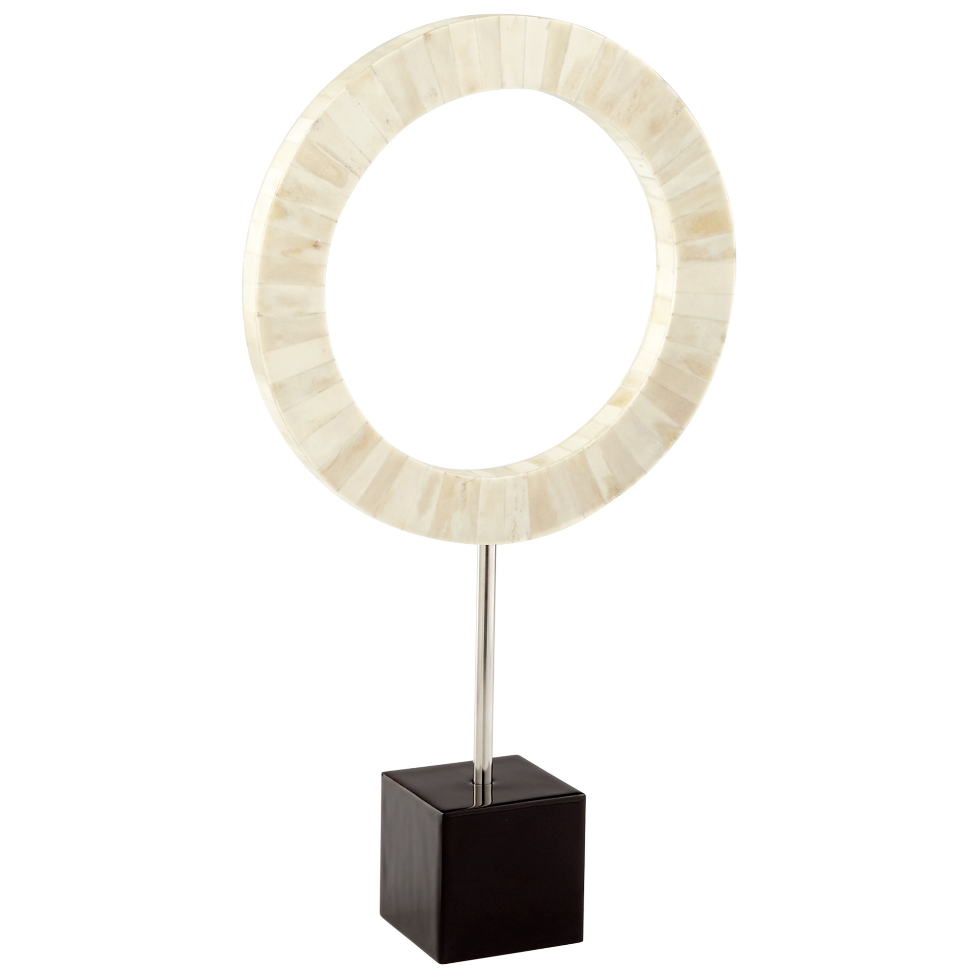 White Bone Mosaic Ring Round Circle Sculpture Statue Black Base Stainless Modern