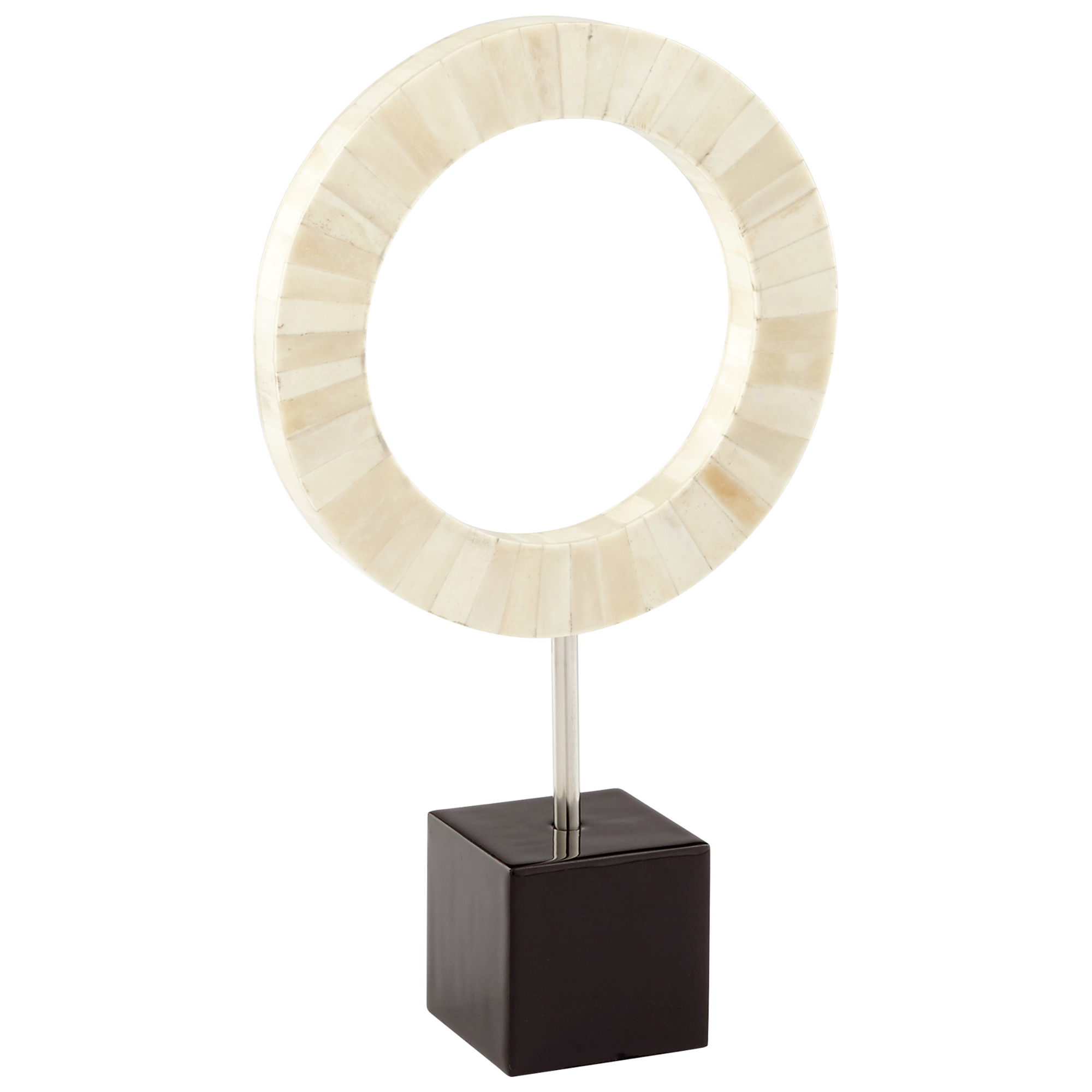 White Bone Mosaic Ring Round Circle Sculpture Statue Black Base Stainless Modern