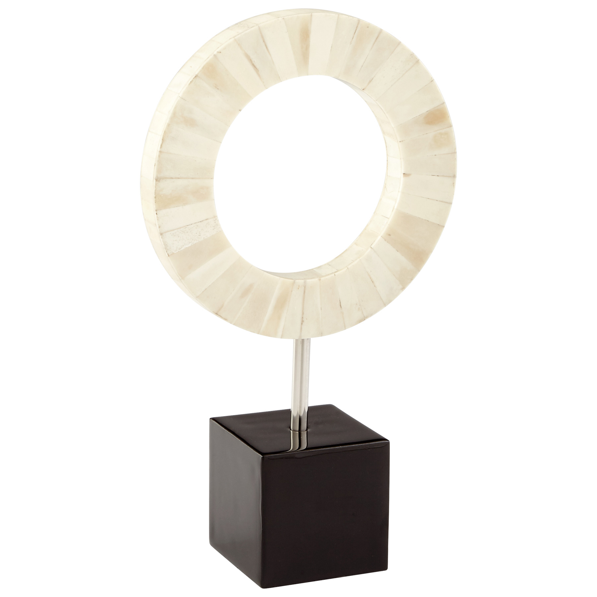 White Bone Mosaic Ring Round Circle Sculpture Statue Black Base Stainless Modern